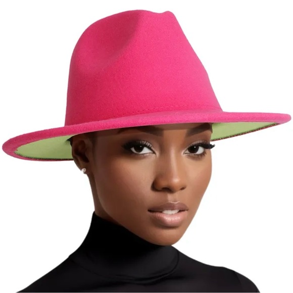 SOLD OUT🆕 Women's  Pink Green Wide Brim Two Tone Fedora Hat - Picture 3 of 5